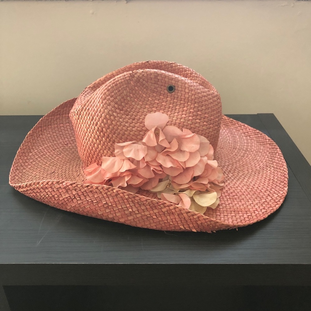 Vintage Liz Claiborne Pink Straw Cowboy Hat with Floral Flower Accent